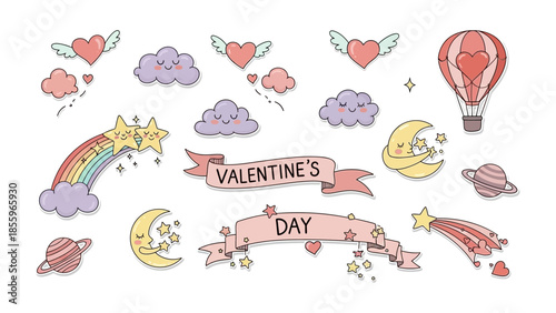 Valentine's Day Elements Collection: An artistic composition of romantic and adorable elements perfect for celebrating the sweetest day of the year. Includes hearts, stars, rainbow, planets, and more.