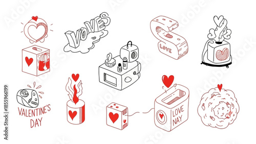 Valentine's Day Icon Set: An assortment of playful illustrations celebrates love and affection, featuring hearts, romantic symbols, and festive elements to commemorate the special day.
