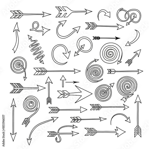 A large assortment of hand-drawn, doodle-style arrows in various directions, shapes, and sizes provides versatile navigation and directional indicators for creative projects.
