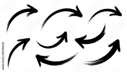 A dynamic set of seven bold, black brushstroke arrows, with varied curves and directions, powerfully conveys movement, flow, and emphasis in a graphic design context.