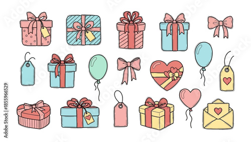 A collection of gifts and decorations: A curated collection of gift boxes, ribbons, tags, heart, balloons, each with its unique design, embodies the essence of celebrations and joy.