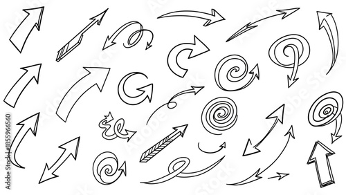 A vibrant assortment of hand-drawn doodle arrows, each with a unique style and direction, creates a dynamic and playful visual against a clean white background.