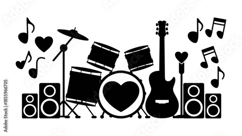 Musical Heartbeat: A silhouette image of a drum set, guitar, and speakers, adorned with musical notes and hearts, symbolizing the rhythm and emotion of music.