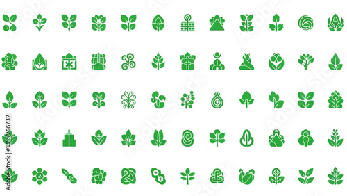 Many different stylized green leaf and nature-inspired icons are arranged neatly in rows and columns on a clean white background, representing eco-friendliness and organic themes.