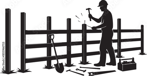 Construction Worker Building Wooden Fence Silhouette Illustration