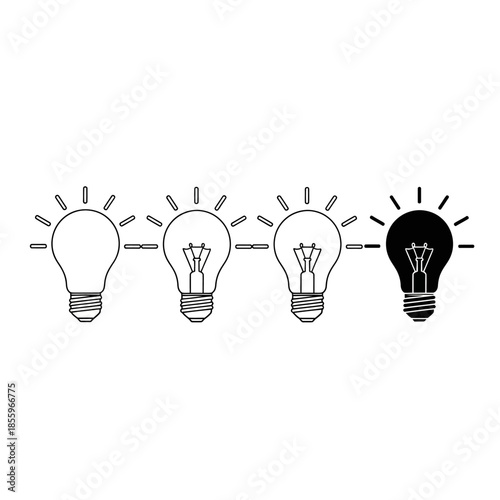 A sequential illustration depicts four light bulbs, with the last one brightly illuminated in black, symbolizing the moment an idea is conceived or a solution found.