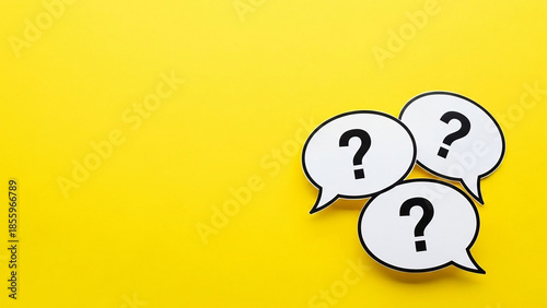 Three white speech bubbles with black question marks on yellow background symbol 1