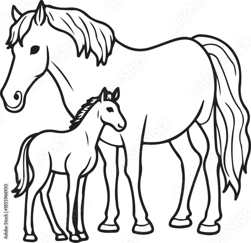 Horse with Foal Baby Hand-drawn Sketch Drawing Vector Illustration, Line Linear Symbol Engraving Coloring Book, Black and White Isolated