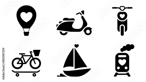 Transport of Love: A set of six unique vector illustrations, showcasing various forms of transportation, each artfully adorned with a symbol of love.