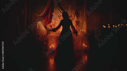 shadow silhouette medieval lady walking dancing in black dark ball room, candles light. fantasy woman queen victorian dress old style. Mysrtery girl princess, costume party royal luxurious atmosphere