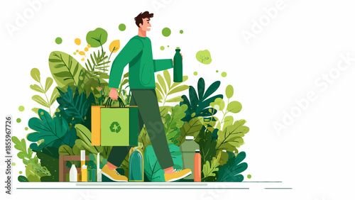 Eco-friendly man carrying reusable bag and bottle in lush green setting