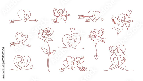 Valentine's Day Line Art Collection: A collection of exquisite line art elements, featuring Cupid, heart symbols, and delicate rose.
