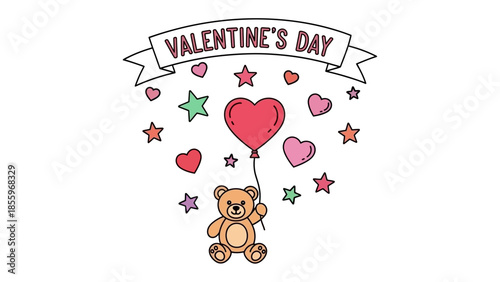 Sweet Heart's Day: An adorable bear, clutching a heart-shaped balloon, floats in a whimsical scene of love, stars, and floating hearts under a banner that says Valentine's Day.