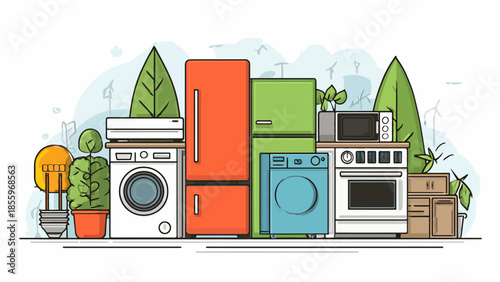 Colorful illustration of home appliances with plants and boxes