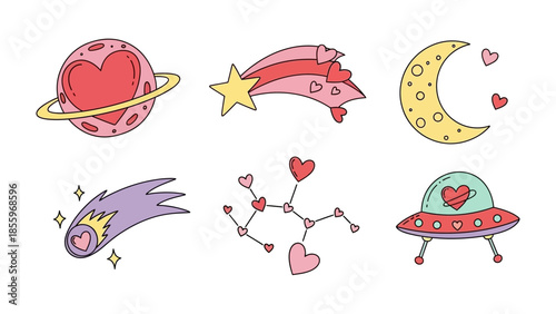 Celestial Valentine: Whimsical illustrations depict celestial bodies intertwined with the theme of love, creating a captivating visual narrative.