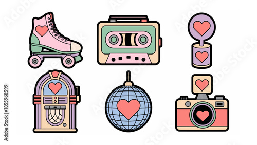 Vintage Love Collection: A retro assortment of cherished icons, each embellished with the universal symbol of affection, radiating nostalgia and romantic charm.