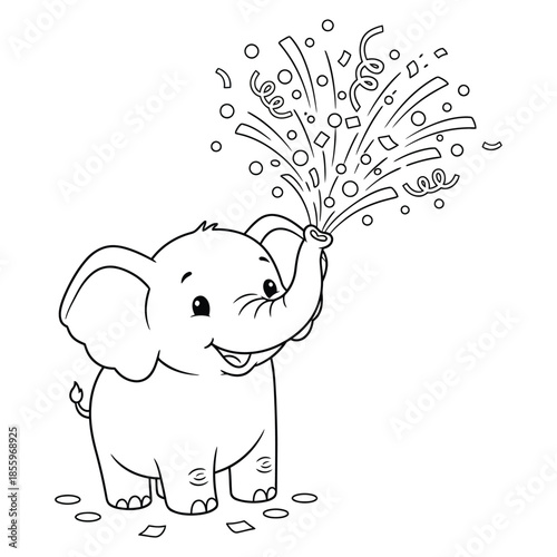 Cute Baby Elephant with Party Popper – Fun Celebration Coloring Page for Kids
