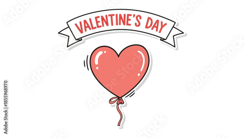 Valentine's Day Heart Balloon: A vibrant heart-shaped balloon floats gracefully, adorned with a delicate ribbon and the words Valentine's Day above, evoking feelings of love and affection.