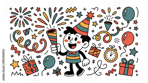 Joyful Celebration Illustration: A whimsical illustration depicts a spirited individual at the heart of a celebratory scene, surrounded by festive elements like party poppers, balloons, and gifts.