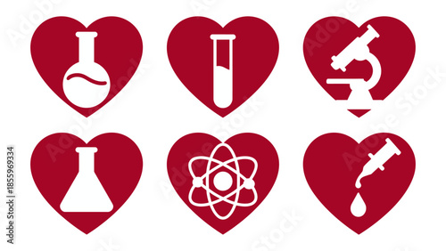 Scientific Symbols in Heart: Illustrative image of science symbols, representing the love for science and its concepts, such as a microscope, atom and test tubes.