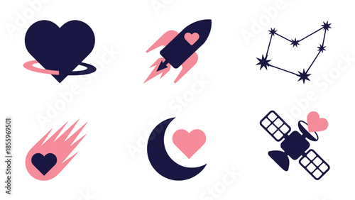 Love in the Cosmos: A collection of charming illustrations showcasing the universe and love with a constellation of hearts and celestial objects. 