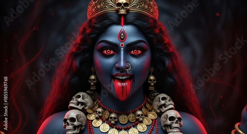 the wrathful presence of Mahakali: a high-detail portrait of the dark goddess Kali with fiery red eyes, a blood-stained tongue, and a crown featuring a golden skull.