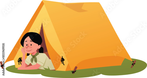 A girl scout peeks out from a yellow tent on green grass.