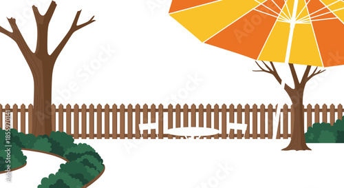 Autumn park landscape vector illustration with trees, wooden fence, bushes, and warm fall colors, seasonal outdoor nature scene for background and environment design