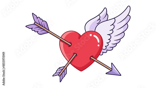 Love's Tender Embrace: A vibrant red heart pierced by Cupid's arrow and adorned with feathered wings, this image embodies the very essence of affection and romance.