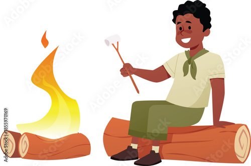 A happy boy scout sits on a log near a campfire with a marshmallow on a stick.