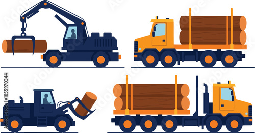 Logging and timber transport vector illustration set with forestry machinery, log loader, crane, and trucks carrying wooden logs for lumber industry and industrial design