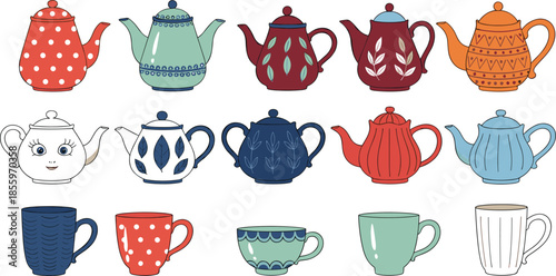 Decorative teapot and cup vector illustration set with colorful patterned kettles, mugs, and teacups for tea time, kitchenware, and cozy home design concepts