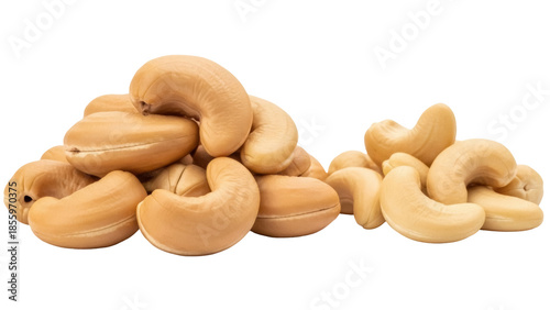 Isolated pile of cashew nuts, curved shape and smooth texture, creamy snack and healthy food