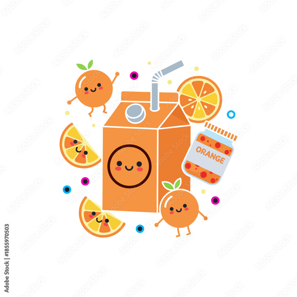 Fototapeta premium Cute cartoon illustration of orange juice carton with straw, happy oranges, slices, and a jar of orange jam.
