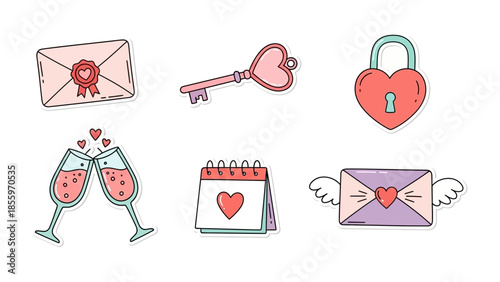Love Symbols: Expressing affection with an array of symbols, including hearts, keys, locks, love letters, champagne glasses, and calendars, this image captures the essence of romance and endearment.