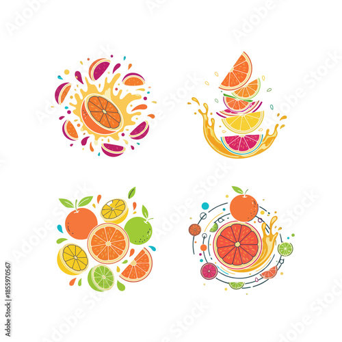 Four vibrant graphic illustrations depicting various citrus fruits, including oranges, lemons, limes, and grapefruits, with splashes and slices, showcasing freshness and juice.