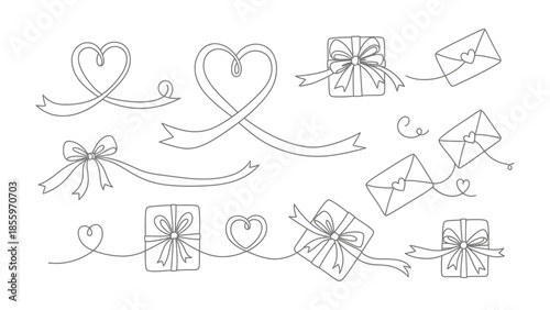 Gift and Letter Elements: A collection of charming line-art illustrations, featuring intricately drawn ribbons, heart-shaped designs, beautifully wrapped gifts, and delicate love letter.