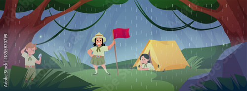Scout kids camp in forest in rainy weather, scouts resting in camping tent, exploring compass, summer outdoor activities