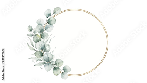 Elegant gold floral wreath with green leaves on white background