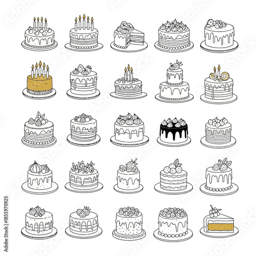 Delicious birthday cakes with candles and toppings