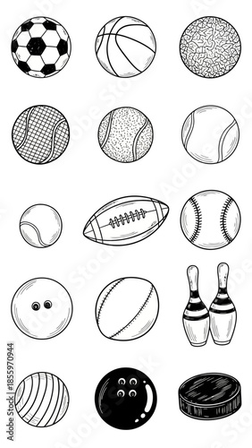 Collection of various sports balls and equipment illustrations