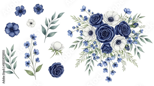 Elegant blue and white floral bouquet arrangement with green leaves