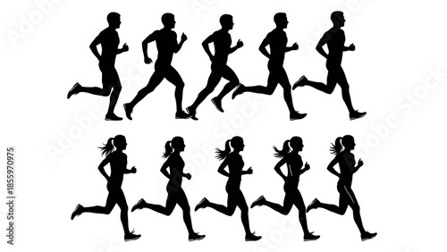 Silhouettes of people running in various poses and dynamic movements