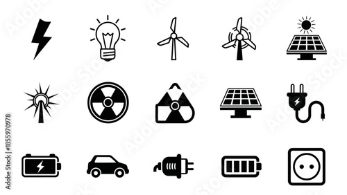 Renewable energy icons set including solar, wind and nuclear power