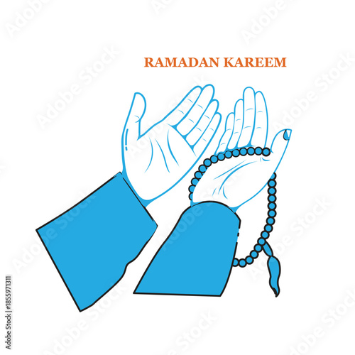 Ramadan Kareem hands with rosary and greeting text, islamic vector icon