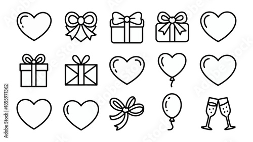 Gift of love: Featuring an array of elegantly illustrated hearts, bows, presents, and a celebratory glasses, each element representing a token of love and joy.