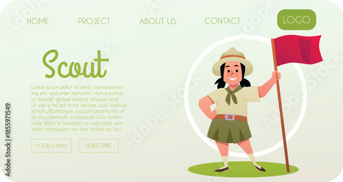 Girl wear scout uniform holding red flag on landing page vector design, cartoon summer activities expedition and explore