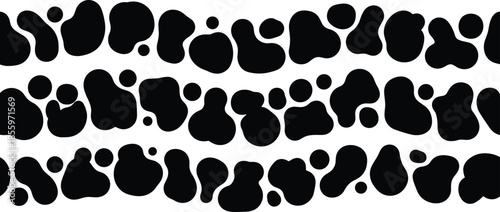 Abstract blob pattern, black organic shapes, cowhide texture, irregular spots design, vector background, stylized ink blot silhouettes