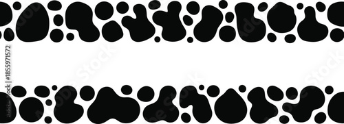 Abstract ink blot rows, black organic shapes, stylized camouflage pattern, irregular spot texture, vector design elements, artistic background layout