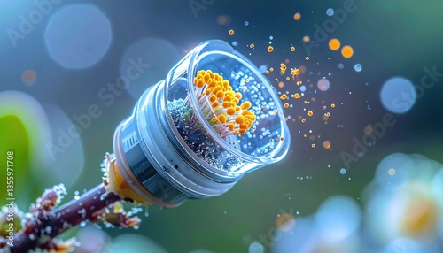 Microscopic organic structure with glowing particles and bokeh background, representing scientific discovery and biological processes